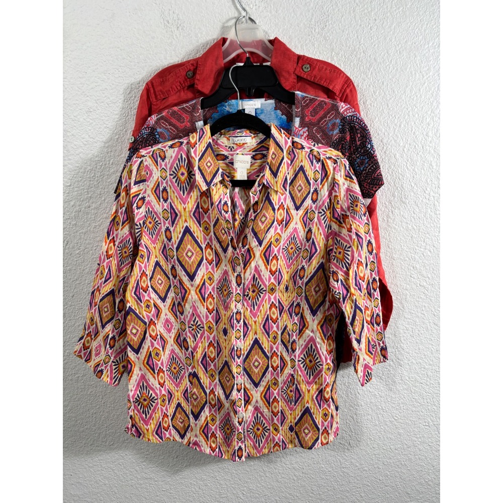 Chico's No-Iron 100% Linen Button Down Shirt Size 0 Ikat Geometric Pink Yellow